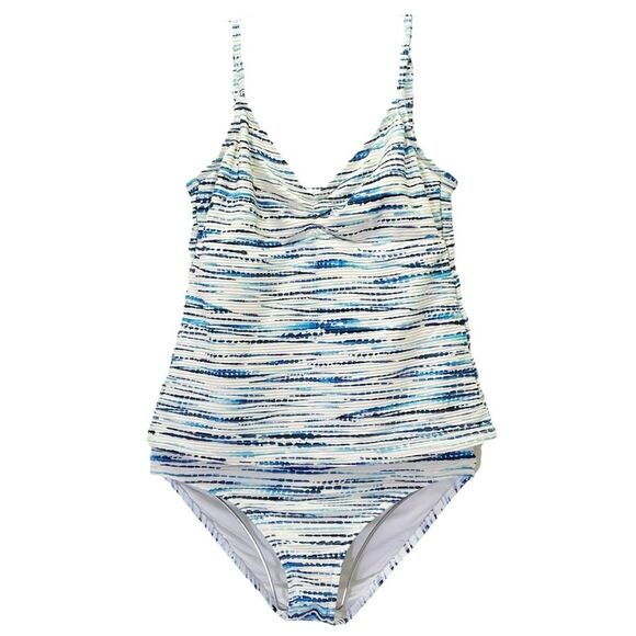 La Blanca Swimwear Tonal Tidal Striped Tankini Set Blue Cream Size Small | 6/8 - Picture 2 of 13